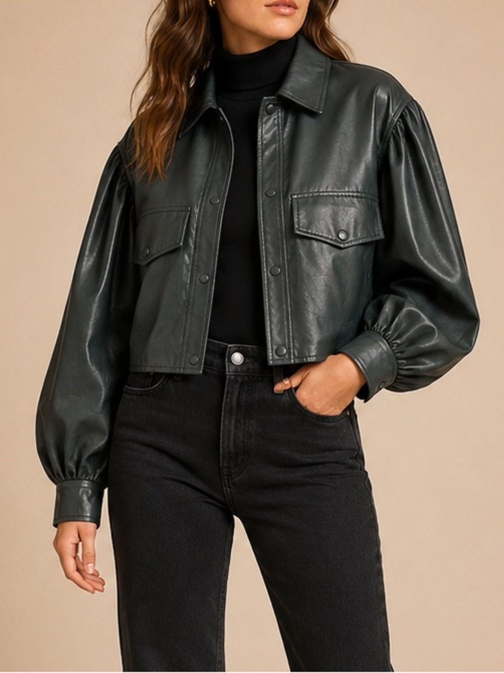 Zara Dark Green Faux Vegan Leather Cropped Balloon Puff Sleeve Utility Jacket S